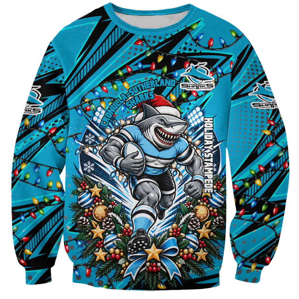 Personalized Cronulla Sutherland Sharks Rugby Christmas Sweatshirt Holiday Mascot Graphic Art Festive Lights Bow