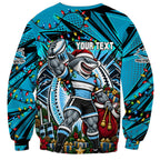 Personalized Cronulla Sutherland Sharks Rugby Christmas Sweatshirt Holiday Mascot Graphic Art Festive Lights Bow