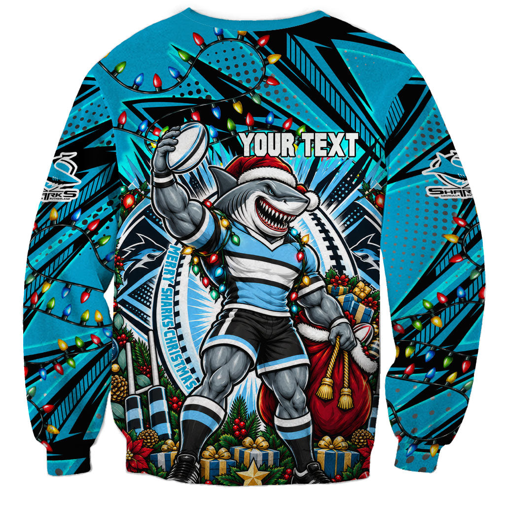 Personalized Cronulla Sutherland Sharks Rugby Christmas Sweatshirt Holiday Mascot Graphic Art Festive Lights Bow