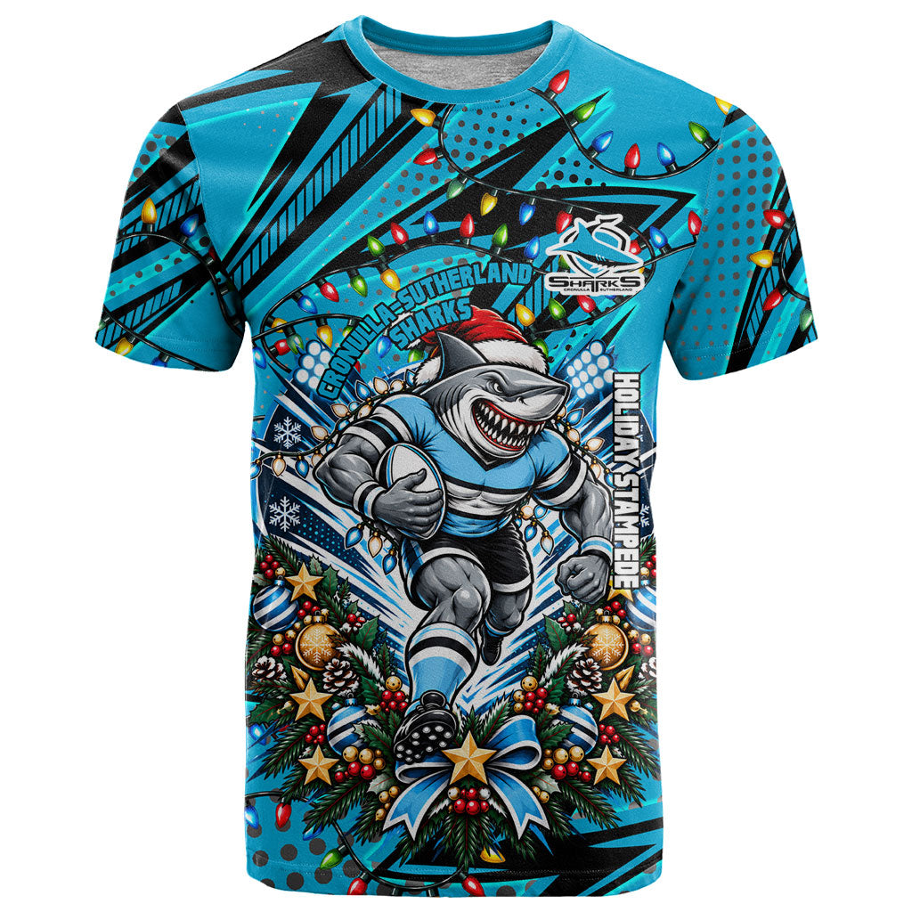 Personalized Cronulla Sutherland Sharks Rugby Christmas T Shirt Holiday Mascot Graphic Art Festive Lights Bow