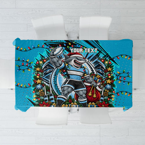 Personalized Cronulla Sutherland Sharks Rugby Christmas Tablecloth Holiday Mascot Graphic Art Festive Lights Bow