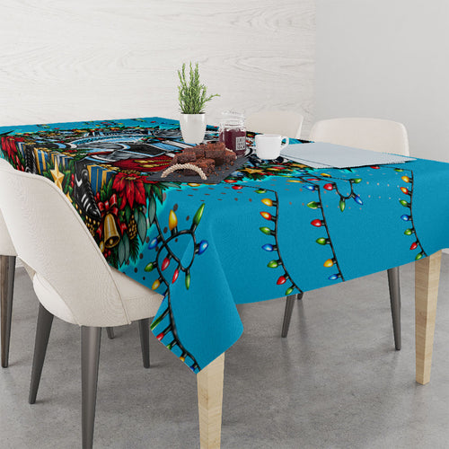 Personalized Cronulla Sutherland Sharks Rugby Christmas Tablecloth Holiday Mascot Graphic Art Festive Lights Bow