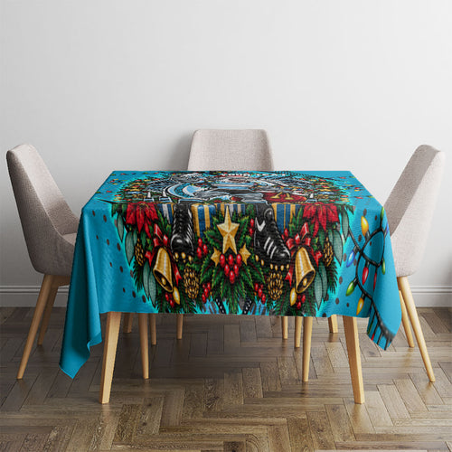 Personalized Cronulla Sutherland Sharks Rugby Christmas Tablecloth Holiday Mascot Graphic Art Festive Lights Bow