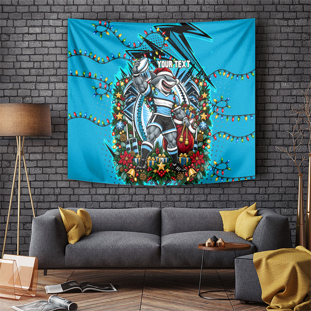 Personalized Cronulla Sutherland Sharks Rugby Christmas Tapestry Holiday Mascot Graphic Art Festive Lights Bow