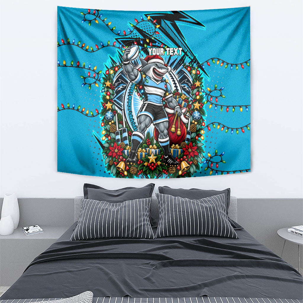 Personalized Cronulla Sutherland Sharks Rugby Christmas Tapestry Holiday Mascot Graphic Art Festive Lights Bow