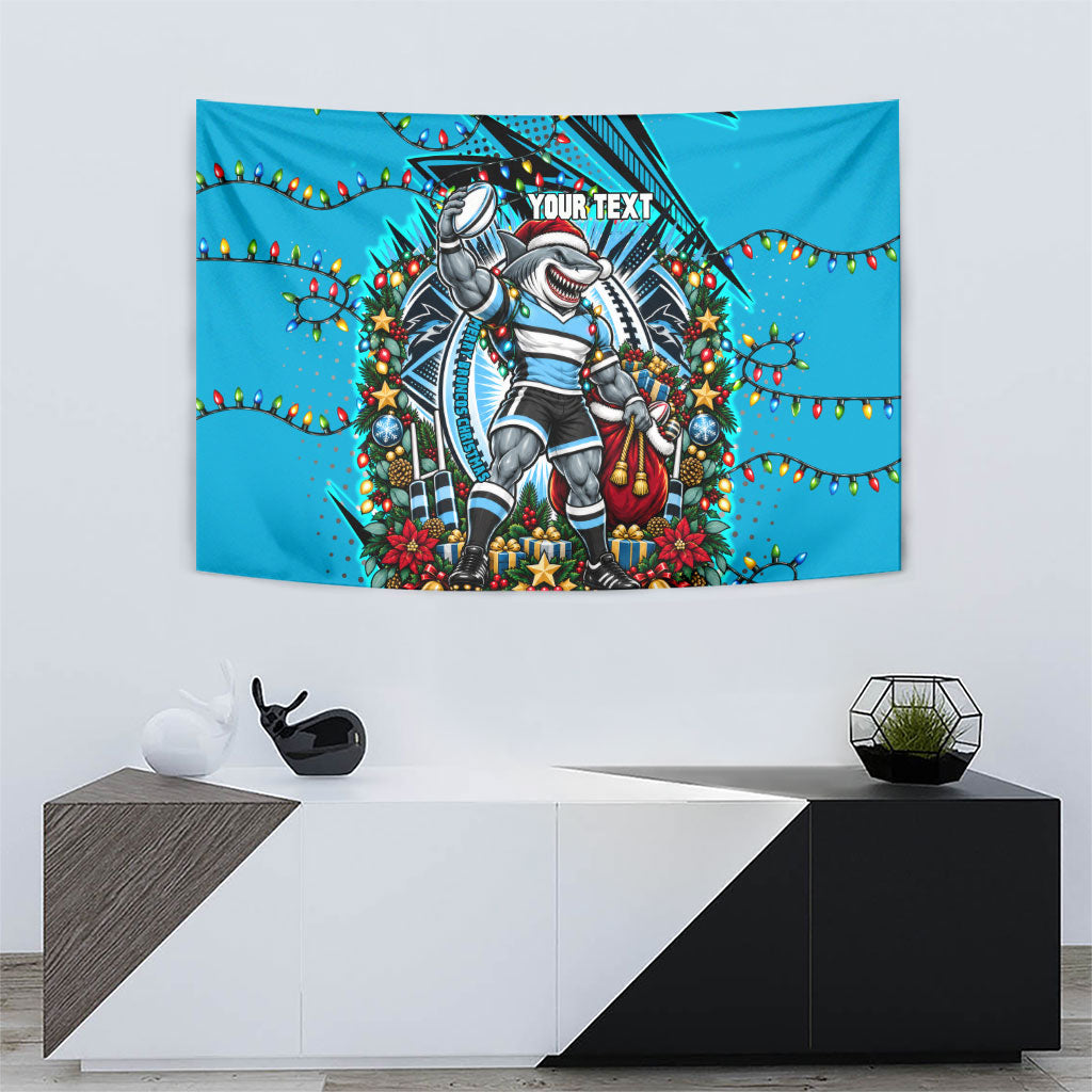 Personalized Cronulla Sutherland Sharks Rugby Christmas Tapestry Holiday Mascot Graphic Art Festive Lights Bow