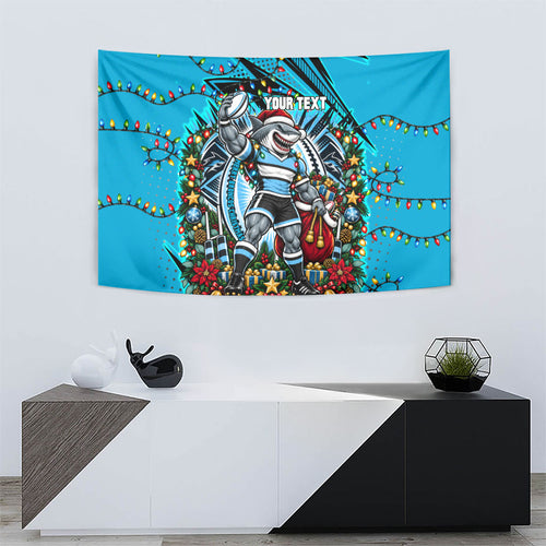 Personalized Cronulla Sutherland Sharks Rugby Christmas Tapestry Holiday Mascot Graphic Art Festive Lights Bow