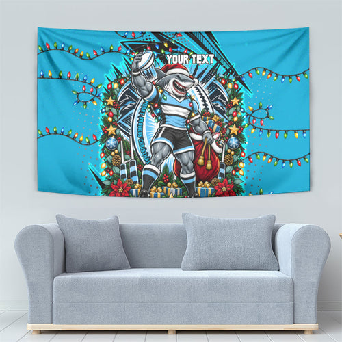 Personalized Cronulla Sutherland Sharks Rugby Christmas Tapestry Holiday Mascot Graphic Art Festive Lights Bow