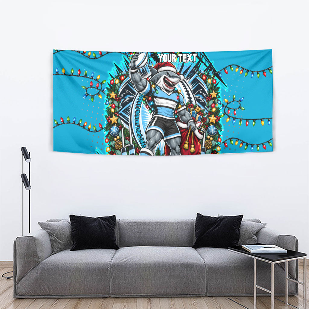 Personalized Cronulla Sutherland Sharks Rugby Christmas Tapestry Holiday Mascot Graphic Art Festive Lights Bow