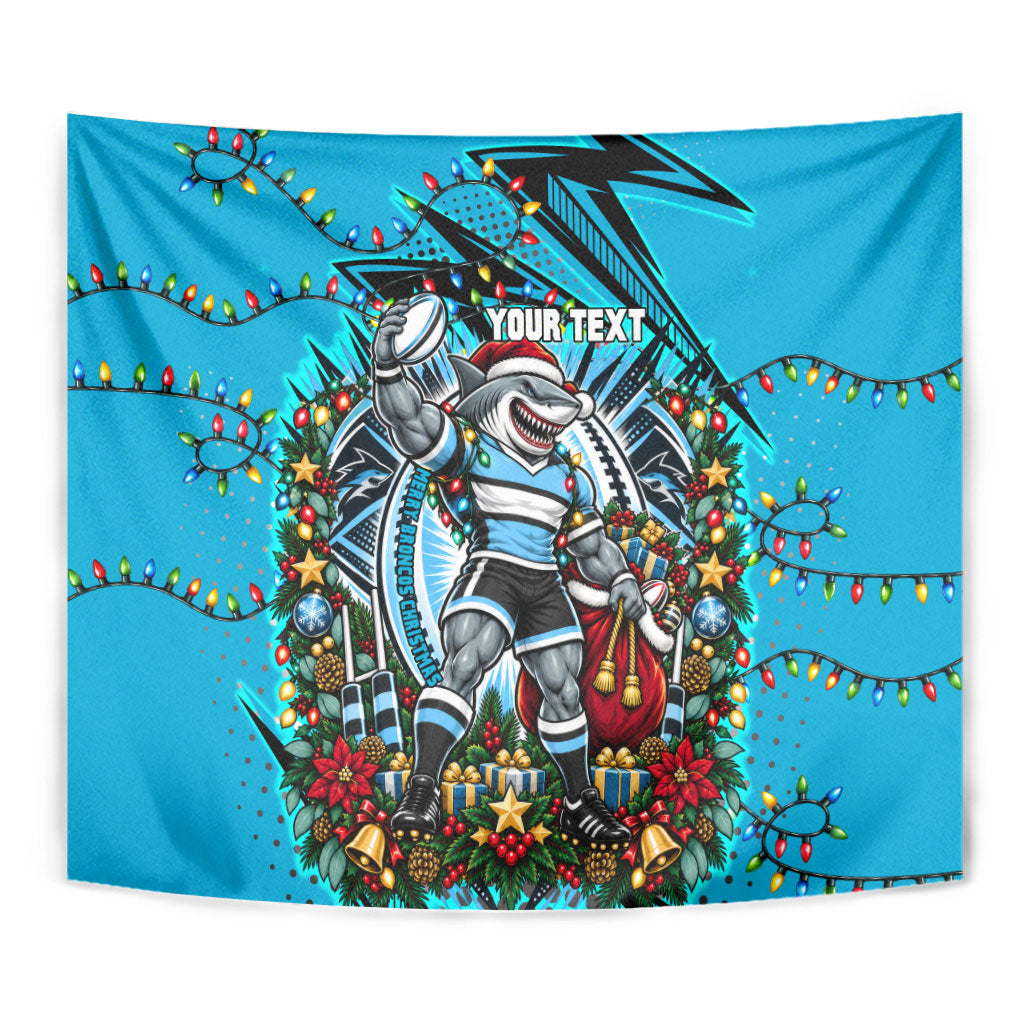 Personalized Cronulla Sutherland Sharks Rugby Christmas Tapestry Holiday Mascot Graphic Art Festive Lights Bow