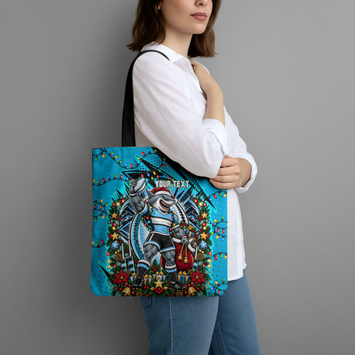Personalized Cronulla Sutherland Sharks Rugby Christmas Tote Bag Holiday Mascot Graphic Art Festive Lights Bow