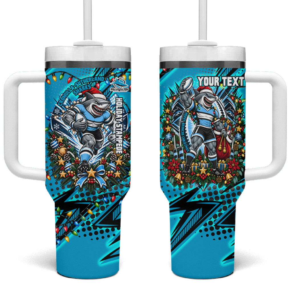 Personalized Cronulla Sutherland Sharks Rugby Christmas Tumbler With Handle Holiday Mascot Graphic Art Festive Lights Bow