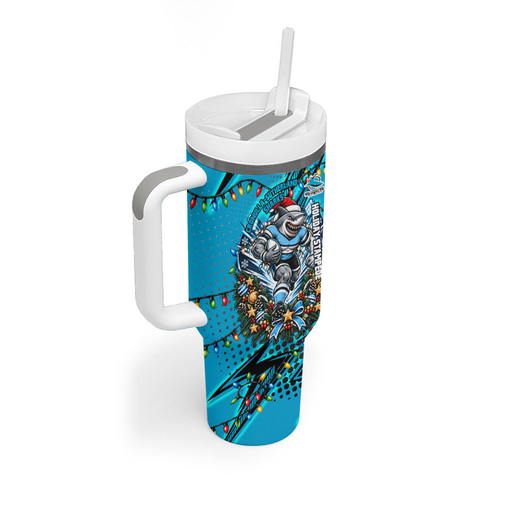 Personalized Cronulla Sutherland Sharks Rugby Christmas Tumbler With Handle Holiday Mascot Graphic Art Festive Lights Bow