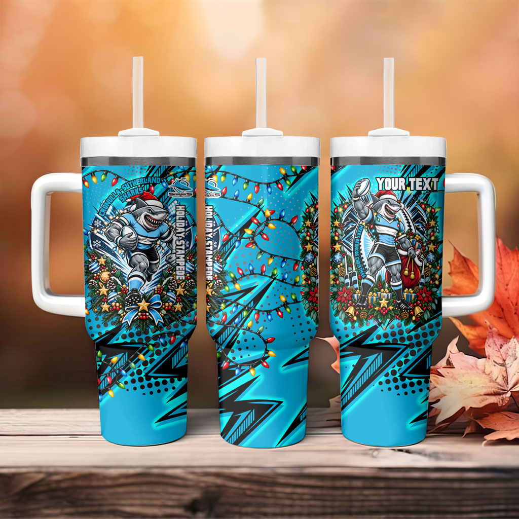 Personalized Cronulla Sutherland Sharks Rugby Christmas Tumbler With Handle Holiday Mascot Graphic Art Festive Lights Bow
