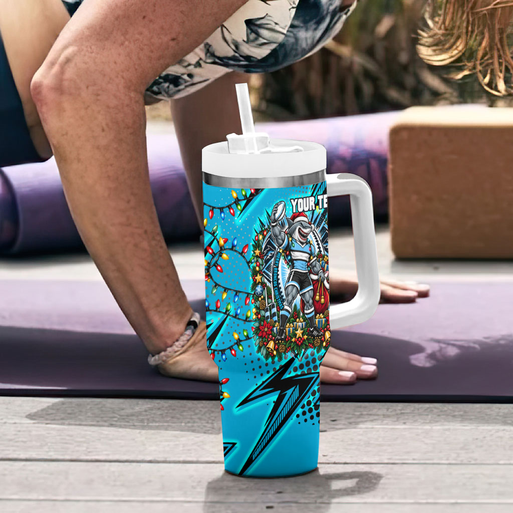 Personalized Cronulla Sutherland Sharks Rugby Christmas Tumbler With Handle Holiday Mascot Graphic Art Festive Lights Bow