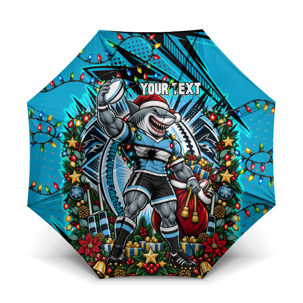Personalized Cronulla Sutherland Sharks Rugby Christmas Umbrella Holiday Mascot Graphic Art Festive Lights Bow