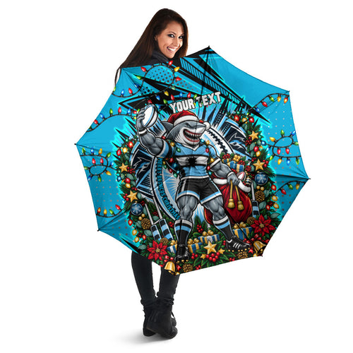 Personalized Cronulla Sutherland Sharks Rugby Christmas Umbrella Holiday Mascot Graphic Art Festive Lights Bow