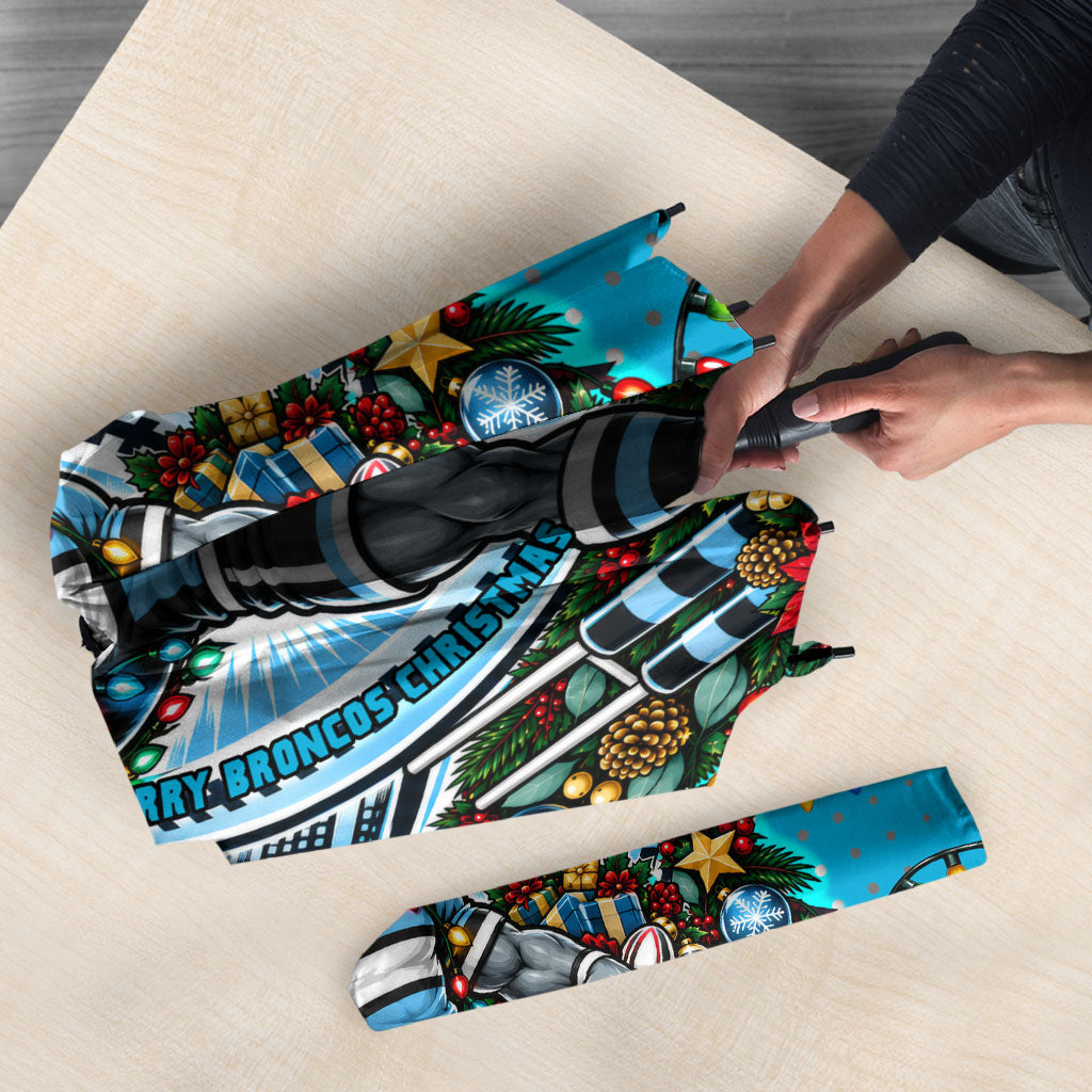 Personalized Cronulla Sutherland Sharks Rugby Christmas Umbrella Holiday Mascot Graphic Art Festive Lights Bow