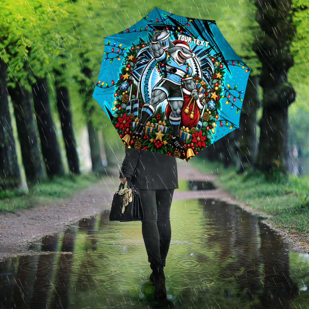 Personalized Cronulla Sutherland Sharks Rugby Christmas Umbrella Holiday Mascot Graphic Art Festive Lights Bow