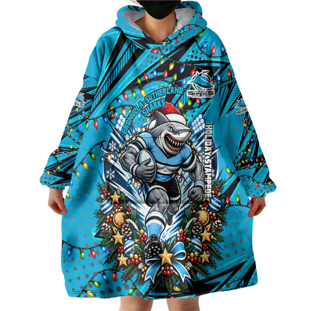 Personalized Cronulla Sutherland Sharks Rugby Christmas Wearable Blanket Hoodie Holiday Mascot Graphic Art Festive Lights Bow