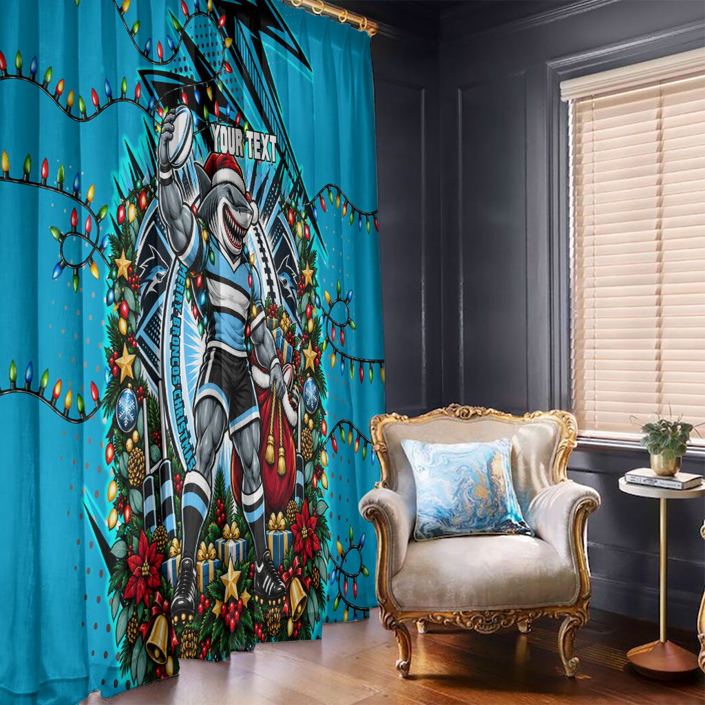 Personalized Cronulla Sutherland Sharks Rugby Christmas Window Curtain Holiday Mascot Graphic Art Festive Lights Bow