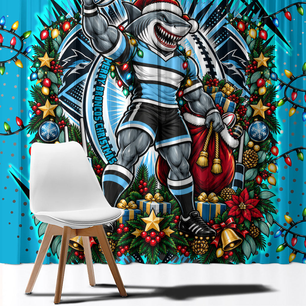 Personalized Cronulla Sutherland Sharks Rugby Christmas Window Curtain Holiday Mascot Graphic Art Festive Lights Bow