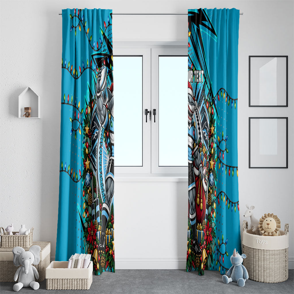Personalized Cronulla Sutherland Sharks Rugby Christmas Window Curtain Holiday Mascot Graphic Art Festive Lights Bow
