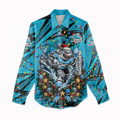 Personalized Cronulla Sutherland Sharks Rugby Christmas Women Casual Shirt Holiday Mascot Graphic Art Festive Lights Bow