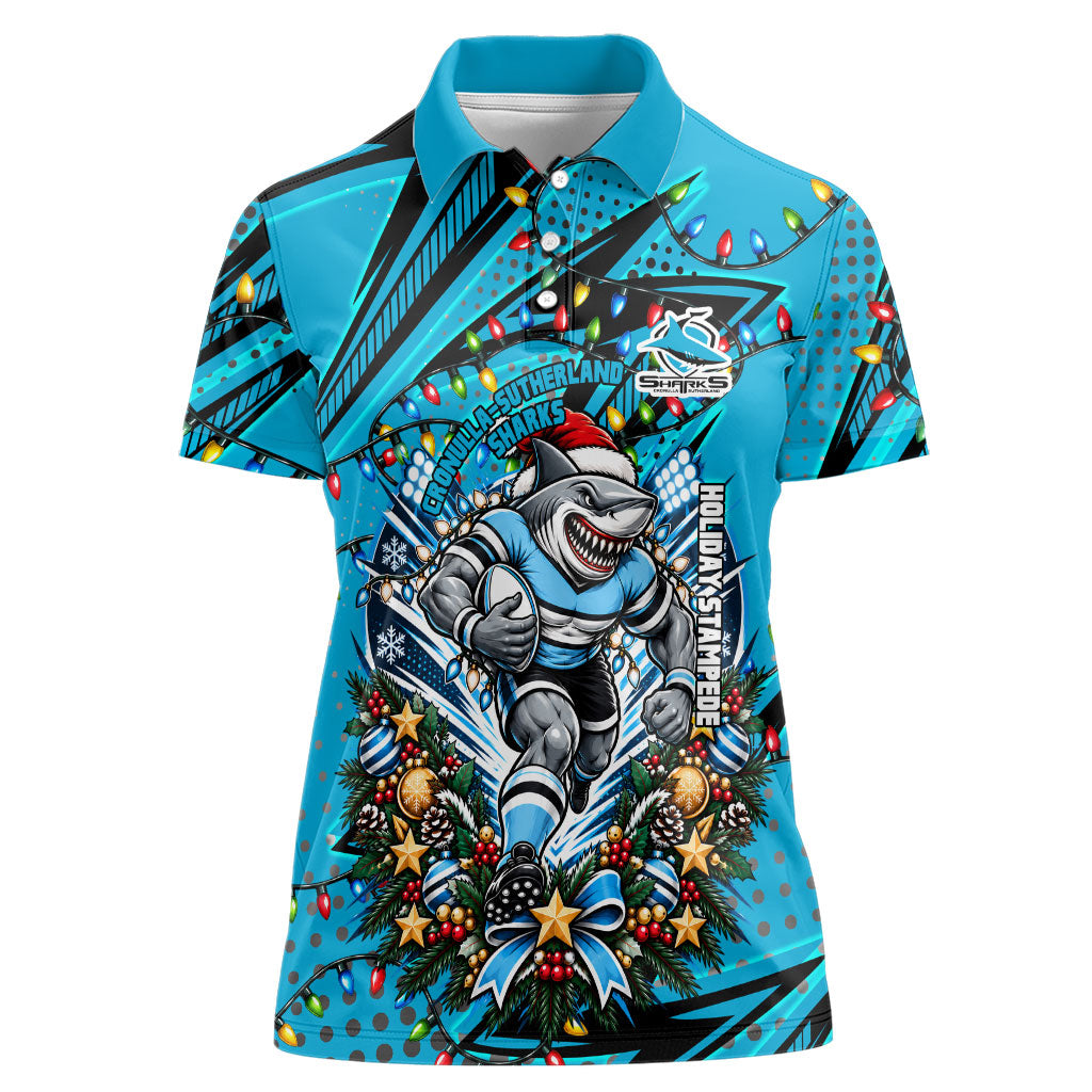 Personalized Cronulla Sutherland Sharks Rugby Christmas Women Polo Shirt Holiday Mascot Graphic Art Festive Lights Bow