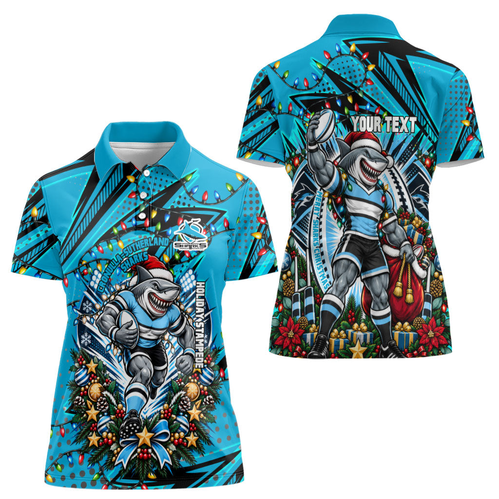 Personalized Cronulla Sutherland Sharks Rugby Christmas Women Polo Shirt Holiday Mascot Graphic Art Festive Lights Bow