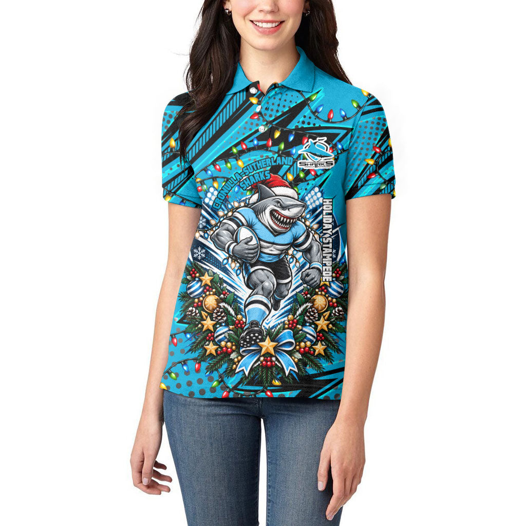 Personalized Cronulla Sutherland Sharks Rugby Christmas Women Polo Shirt Holiday Mascot Graphic Art Festive Lights Bow