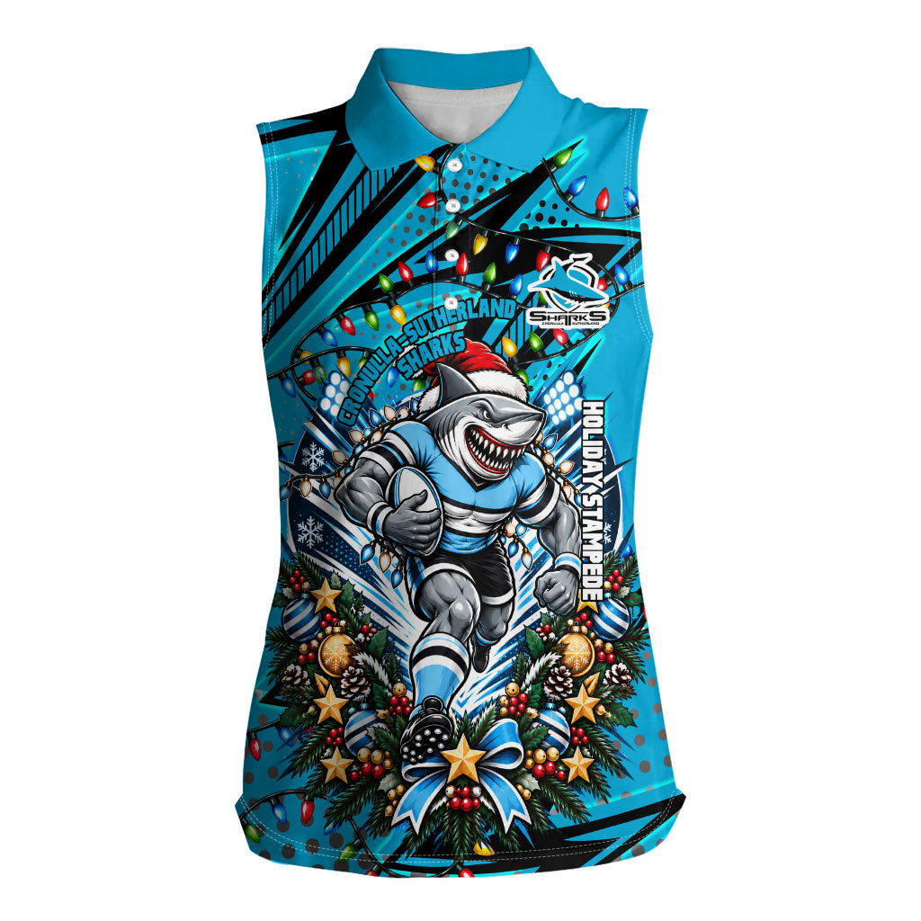 Personalized Cronulla Sutherland Sharks Rugby Christmas Women Sleeveless Polo Shirt Holiday Mascot Graphic Art Festive Lights Bow