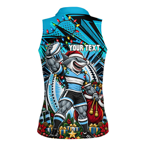 Personalized Cronulla Sutherland Sharks Rugby Christmas Women Sleeveless Polo Shirt Holiday Mascot Graphic Art Festive Lights Bow