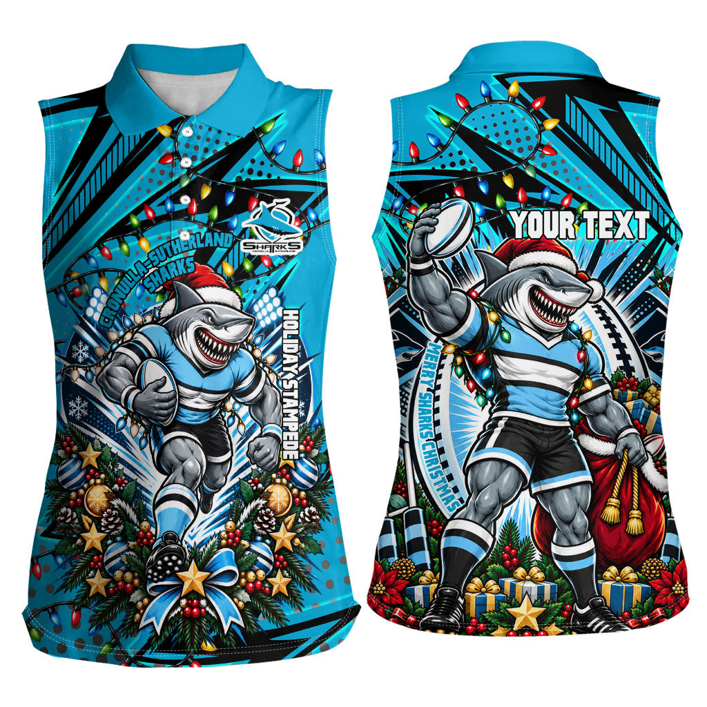 Personalized Cronulla Sutherland Sharks Rugby Christmas Women Sleeveless Polo Shirt Holiday Mascot Graphic Art Festive Lights Bow