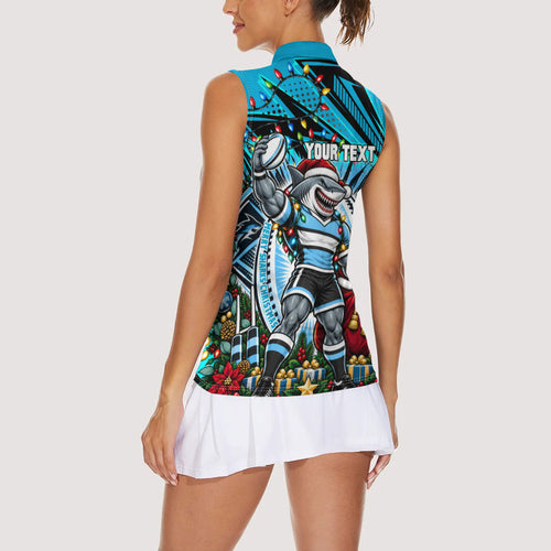 Personalized Cronulla Sutherland Sharks Rugby Christmas Women Sleeveless Polo Shirt Holiday Mascot Graphic Art Festive Lights Bow