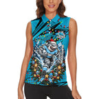 Personalized Cronulla Sutherland Sharks Rugby Christmas Women Sleeveless Polo Shirt Holiday Mascot Graphic Art Festive Lights Bow