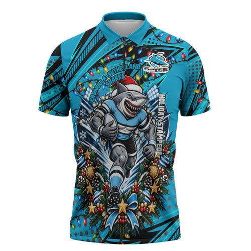 Personalized Cronulla Sutherland Sharks Rugby Christmas Zipper Polo Shirt Holiday Mascot Graphic Art Festive Lights Bow