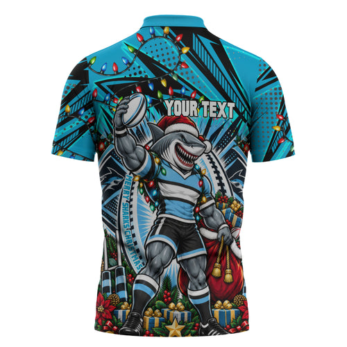 Personalized Cronulla Sutherland Sharks Rugby Christmas Zipper Polo Shirt Holiday Mascot Graphic Art Festive Lights Bow