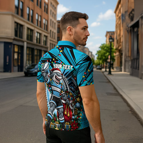 Personalized Cronulla Sutherland Sharks Rugby Christmas Zipper Polo Shirt Holiday Mascot Graphic Art Festive Lights Bow