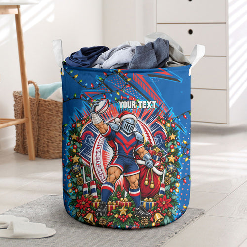 Personalized Newcastle Knights Rugby Christmas Laundry Basket Holiday Mascot Graphic Art Festive Lights Bow
