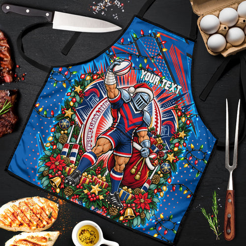 Personalized Newcastle Knights Rugby Christmas Apron Holiday Mascot Graphic Art Festive Lights Bow
