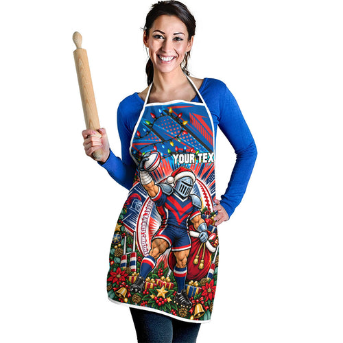 Personalized Newcastle Knights Rugby Christmas Apron Holiday Mascot Graphic Art Festive Lights Bow