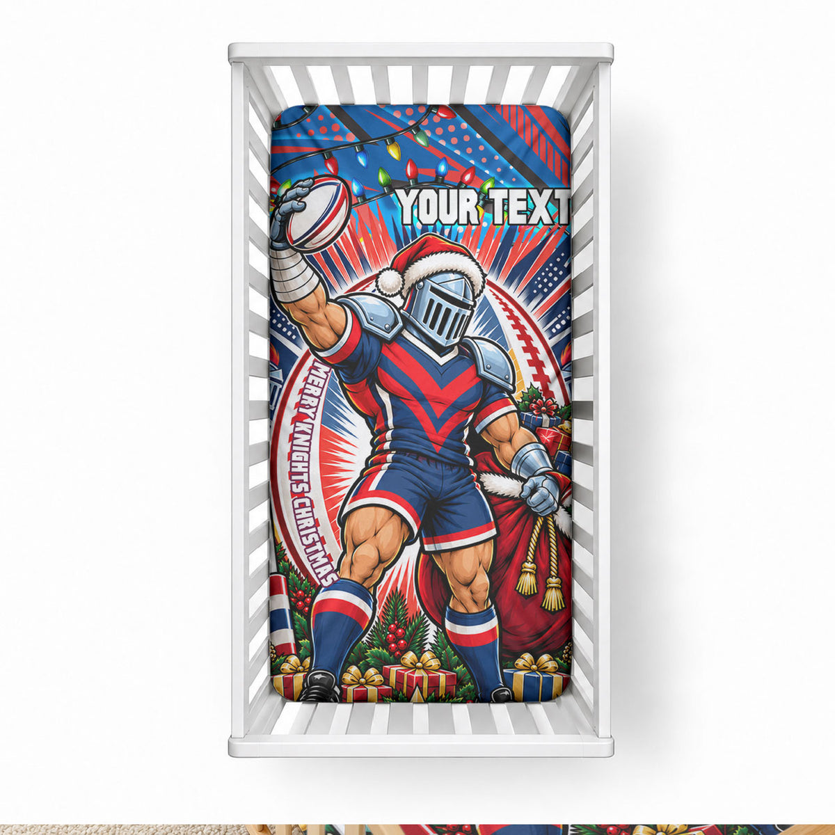 Personalized Newcastle Knights Rugby Christmas Baby Bed Cover Holiday Mascot Graphic Art Festive Lights Bow