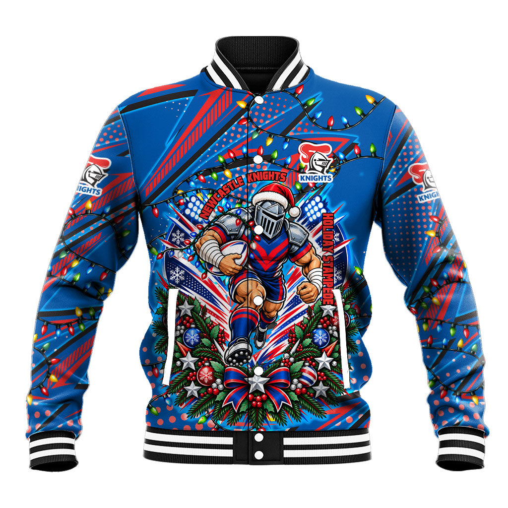 Personalized Newcastle Knights Rugby Christmas Baseball Jacket Holiday Mascot Graphic Art Festive Lights Bow