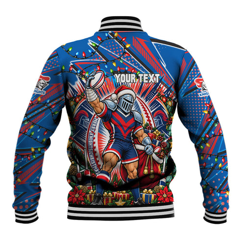 Personalized Newcastle Knights Rugby Christmas Baseball Jacket Holiday Mascot Graphic Art Festive Lights Bow