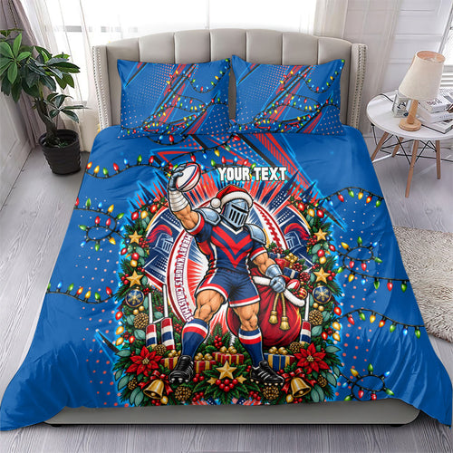 Personalized Newcastle Knights Rugby Christmas Bedding Set Holiday Mascot Graphic Art Festive Lights Bow