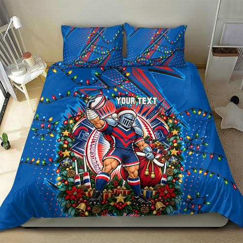 Personalized Newcastle Knights Rugby Christmas Bedding Set Holiday Mascot Graphic Art Festive Lights Bow