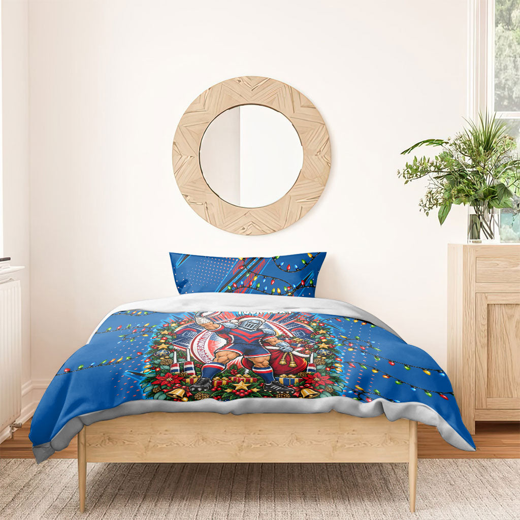 Personalized Newcastle Knights Rugby Christmas Bedding Set Holiday Mascot Graphic Art Festive Lights Bow