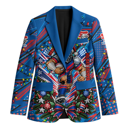 Personalized Newcastle Knights Rugby Christmas Blazer Holiday Mascot Graphic Art Festive Lights Bow