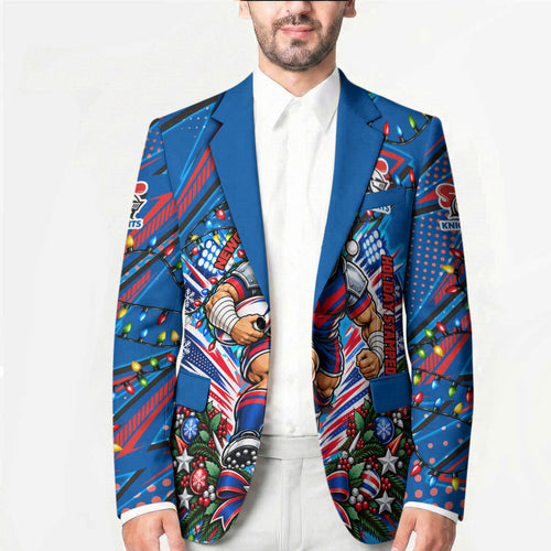 Personalized Newcastle Knights Rugby Christmas Blazer Holiday Mascot Graphic Art Festive Lights Bow